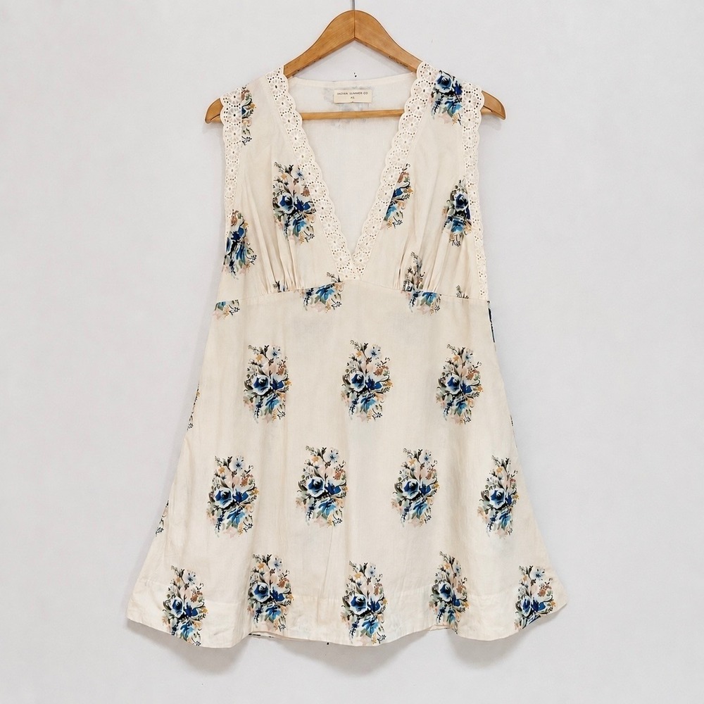 Indian Summer Co Floral Mini Dress Womens XS Cotton Boho Lace V Neck Bali